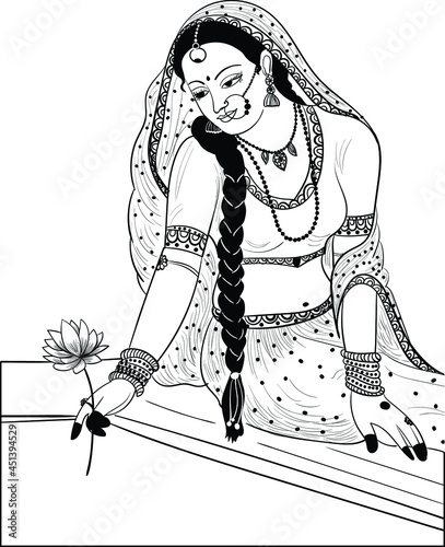 Valokuvatapetti Indian wedding clip art of a lady or bride with lotus flower black and white clip art Illustration line drawing