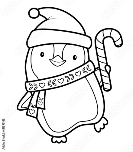Christmas coloring book or page for kids. Christmas penguin black and white vector illustration