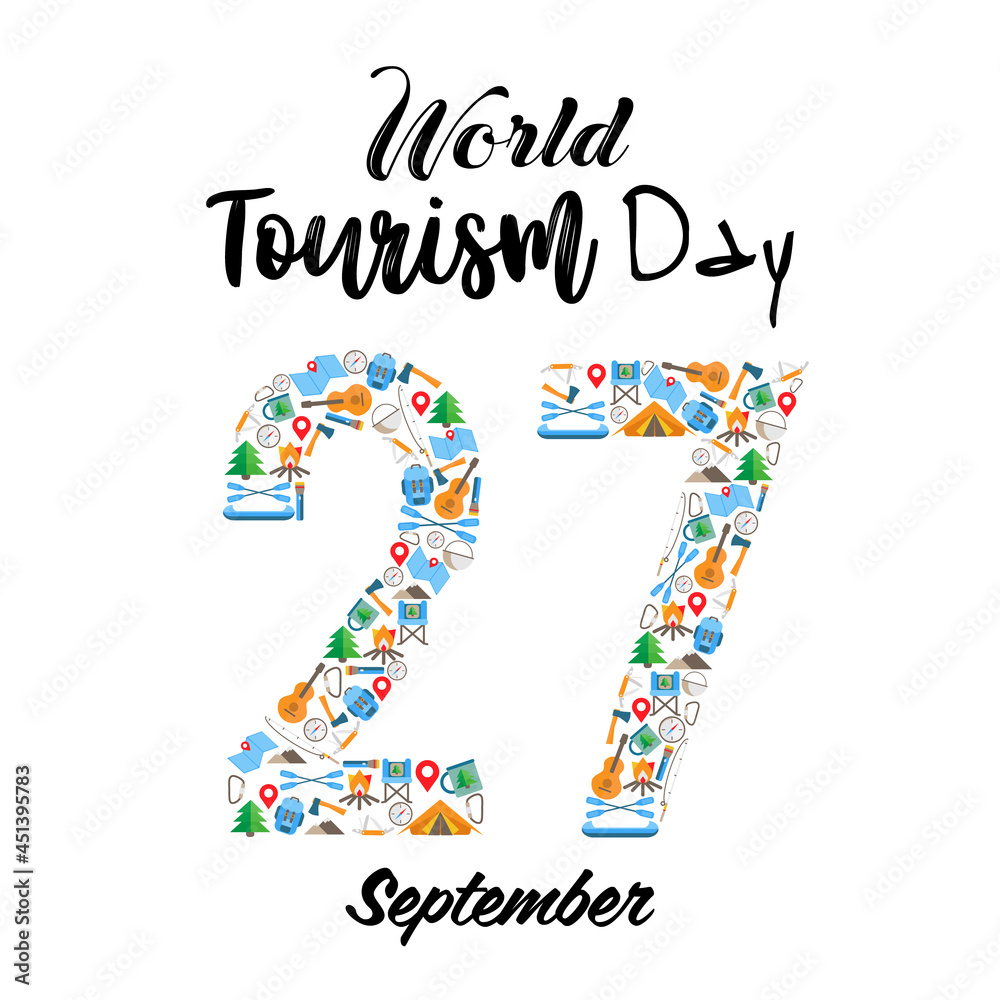 Vector illustration of the World Tourism Day. Domestic tourism,internal tourism, ​hiking, camping, glamping, mountain holidays