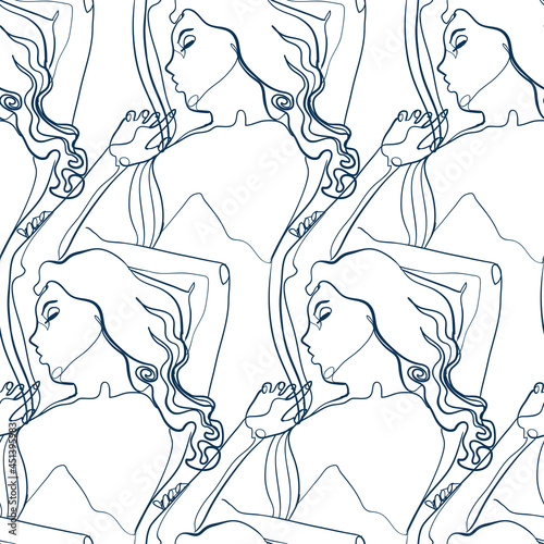 dream girl face and body vector stained glass style seamless art line pattern