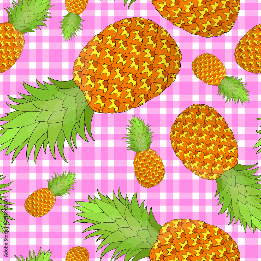 Pineapple seamless pattern on gingham background. Tropical fruit repeating endless texture. Yummy boundless background. Food surface pattern design. Editable tile for textile or stationery Pineapple seamless pattern on gingham background. Tropical fruit repeating endless texture. Yummy boundless background. Food surface pattern design. Editable tile for textile or stationery