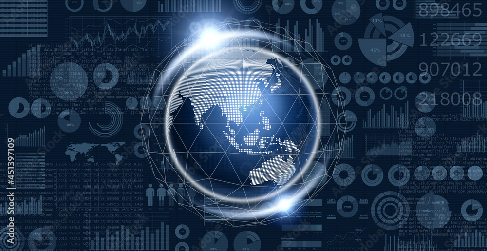 Obraz premium 円グラフや棒グラフの様々なビジネス資料とデジタルで表現した地球