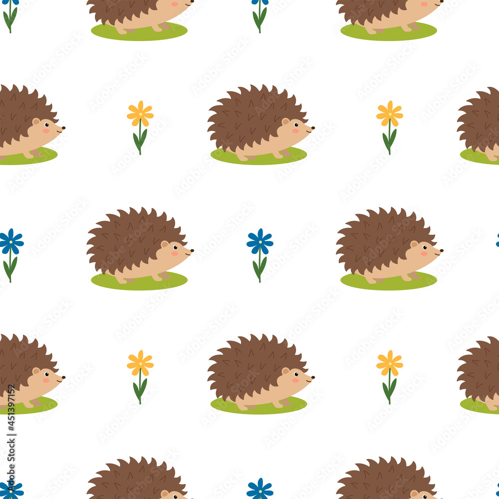 Seamless pattern with cute hedgehogs and flowers, vector illustration