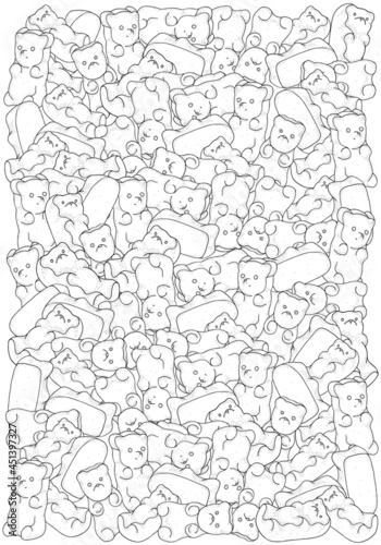 Pattern with gummy bears.  Adult coloring book page with shiny jelly bears. Black and white vector illustration.