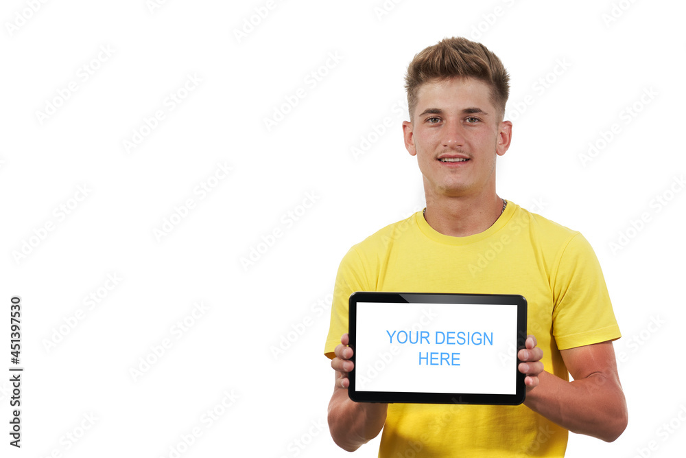 man in yellow t-shirt showing black tablet with isolated white screen for presentation. Your design here man in yellow t-shirt showing black tablet with isolated white screen for presentation. Your design here
