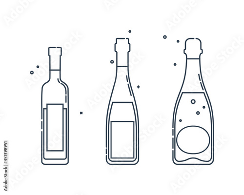 Bottle vodka and red wine champagne line art in flat style. Restaurant alcoholic illustration. Design contour element. Beverage outline icon. Isolated on white backdrop in graphic style.