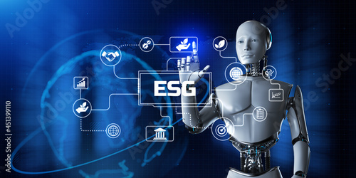 ESG Environmental Social Governance concept. Robot pressing virtual button 3d render illustration. © Murrstock