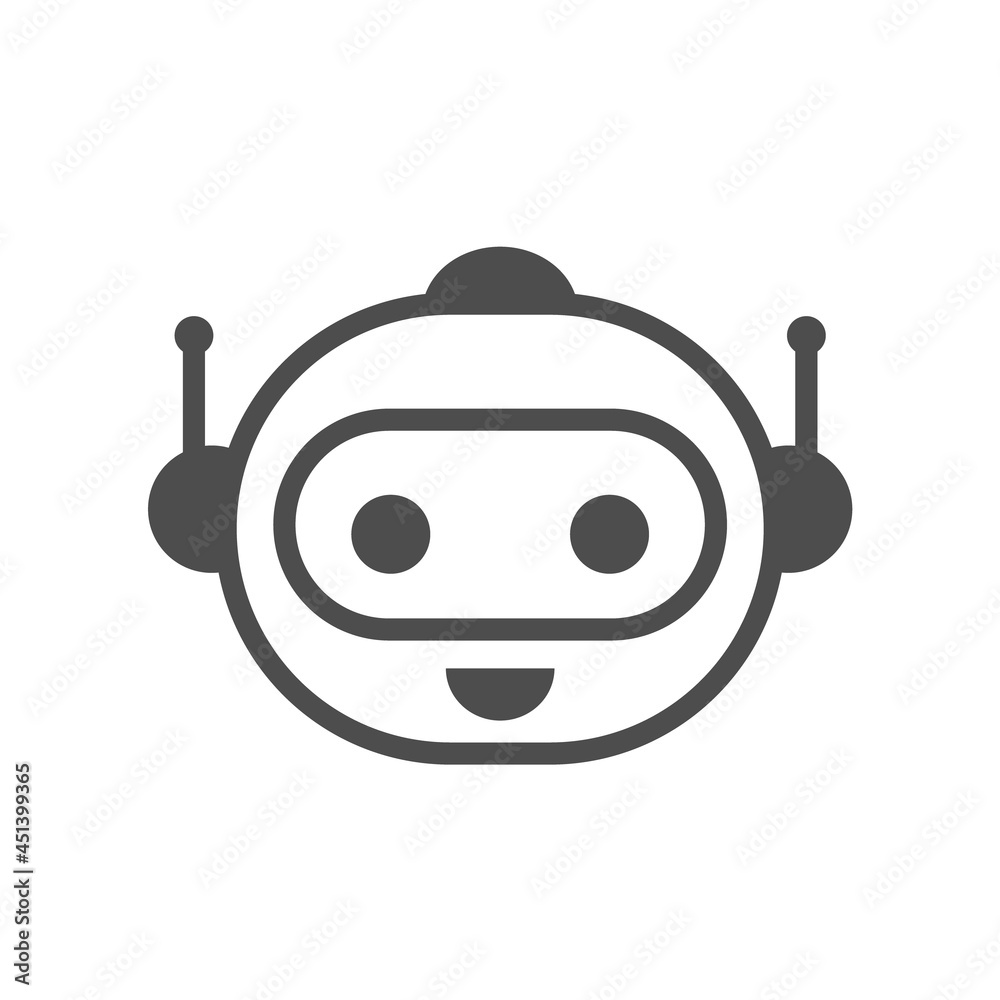 Chatbot icon. Bot sign or symbol. Cute robot head speaks. Smiling bot as customer support. Kawaii humanoid face robot answers questions. Automation of services. Vector illustration, flat, clip art. Chatbot icon. Bot sign or symbol. Cute robot head speaks. Smiling bot as customer support. Kawaii humanoid face robot answers questions. Automation of services. Vector illustration, flat, clip art.
