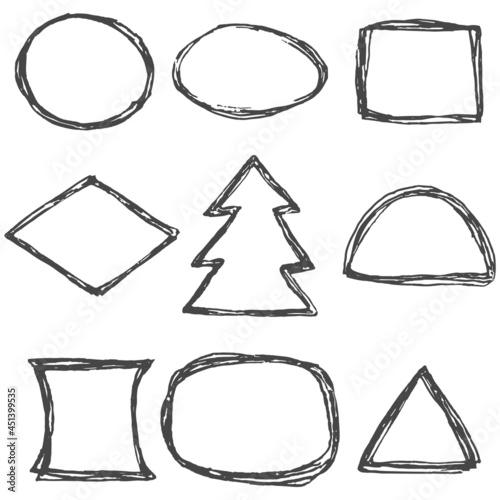 Vector set of monochrome grunge drawn ink frames isolated on white background