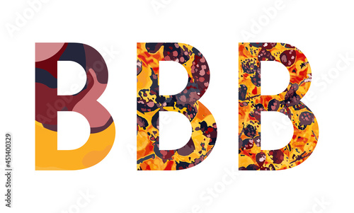 Letter B original design. Modern vector design alphabet. Bright colors yellow, orange, red, black. Unique font for different design.