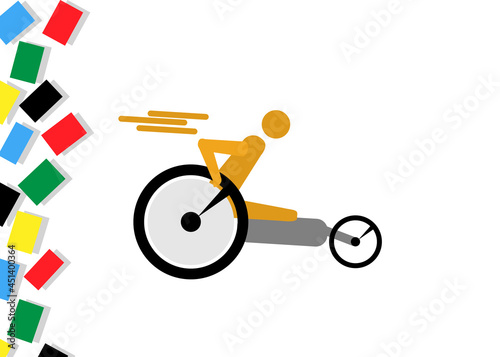 Wheelchair athletics. Strong-willed physically impaired male athlete training speed in racing chair at outdoor track and field stadium