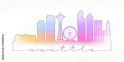 Seattle, WA, USA Skyline Watercolor City Illustration. Famous Buildings Silhouette Hand Drawn Doodle Art. Vector Landmark Sketch Drawing.