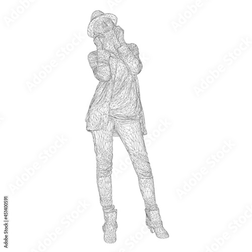 Wireframe girl in hat and suit isolated on white background. 3D. Vector illustration