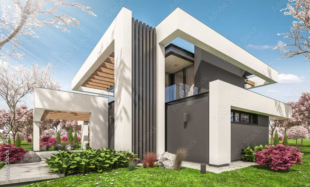 3d rendering of modern cozy house with pool and parking for sale or rent in luxurious style and beautiful landscaping on background. Fresh spring day with a blooming trees with flowers of sakura