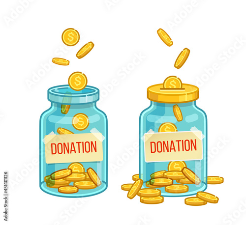 Donation Coins accumulate in jar savings money concept vector illustration.  Full glass donation jar with money isolated in white background