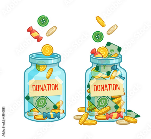Donation pennies falling in glass jar vector illustration. Donation box. Voluntary donations accumulate in jar savings money. Full glass jar with money isolated in white background