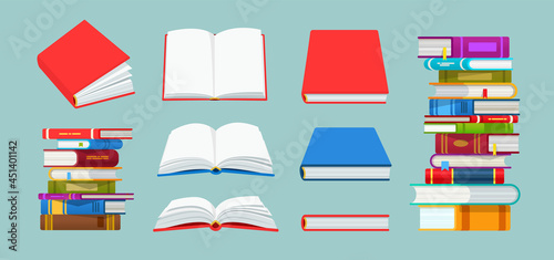 Cartoon book covers with clean pages and pile of books isolated flat vector illustration. Academic and school knowledge, education and graduation. Reading, encyclopedia. Template for books Shop