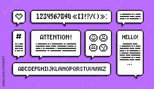 Pixel art 8-bit speech or text bubble set with type font and numbers for retro game or chat design. Pixel alphabet with symbols and various form comic square text bubbles. Vector template