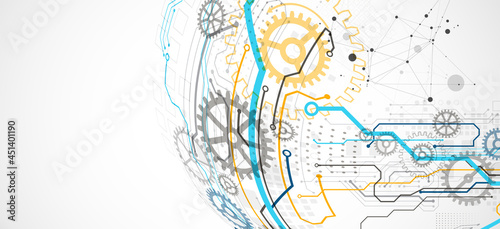 Abstract color vector background on a technological theme is created using many different technical elements. Global network concept.