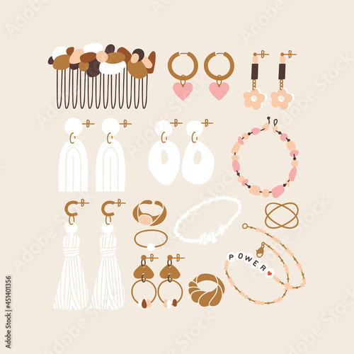 Vector illustration set of jewelry items. Modern accessorizes - pearl necklace, beads, ring, earrings, bracelet, hair comb.