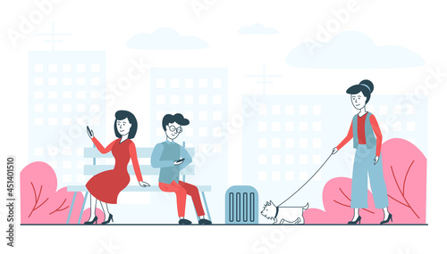 Flat linear street in business style. Man and woman are surfing the internet on the bench and another woman is walking the dog. Blue and red colours. Simple flat and informative. 