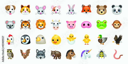 Set of animal faces, face emojis, stickers, emoticons. 