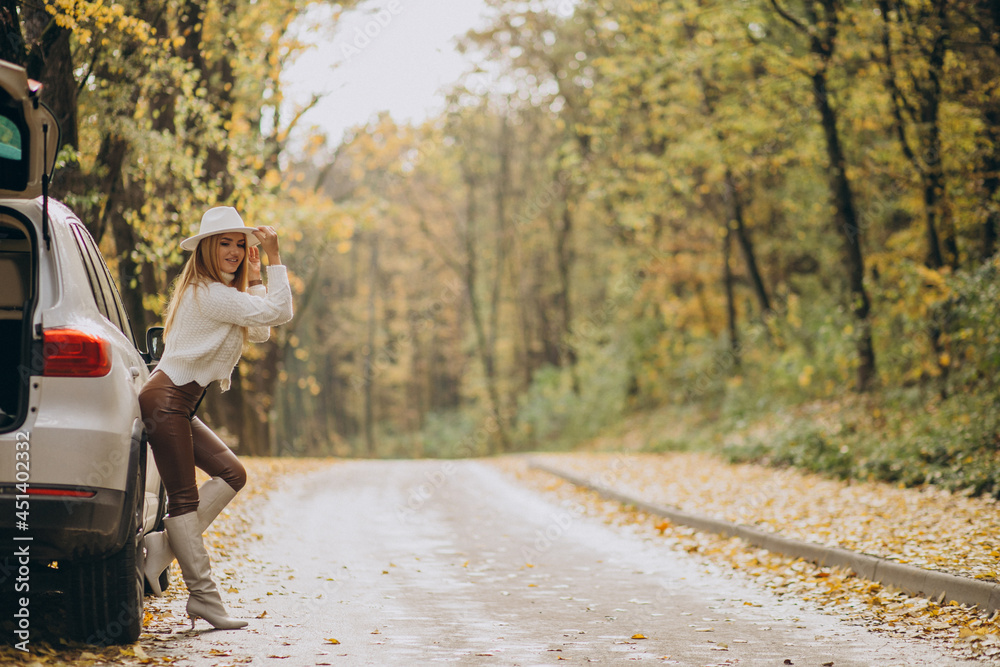Fototapeta premium Young pretty woman travelling by car
