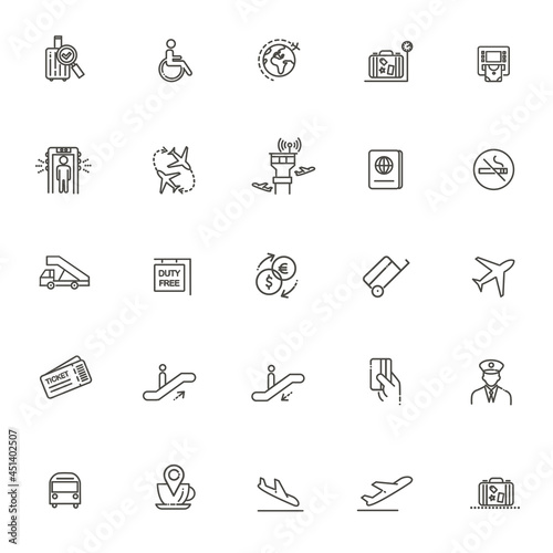 Air Travel or Airport Services outline icon set.