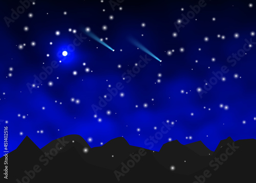 Colorful night sky with stars and mountains background