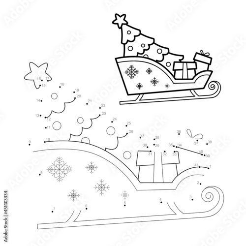 Dot to dot Christmas puzzle for children. Connect dots game. Christmas sled