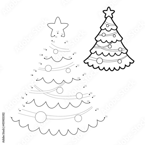 Dot to dot Christmas puzzle for children. Connect dots game. Christmas tree