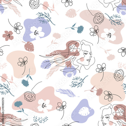 Seamless pattern with female faces. Female face drawn in one line.