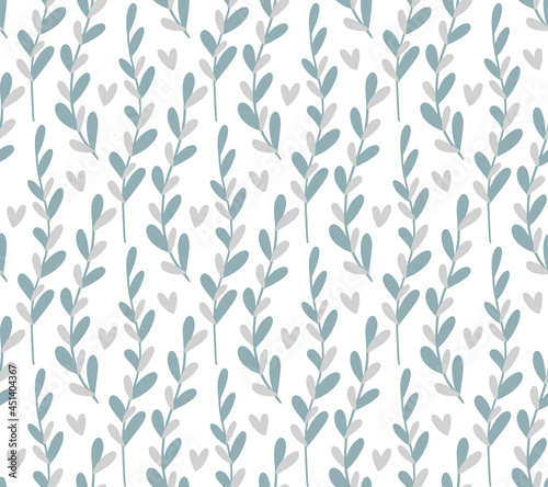 Fototapeta Naklejka Na Ścianę i Meble -  Seamless pattern background with abstract hand drawn plant branch silhouette. Cute minimalist grey blue neutral floral backdrop with hearts.