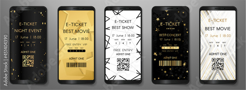 Admission e-ticket template set. Contemporary entrance ticket with line, star pattern on gold, black, white background. Vector design template for concert event, music performance, exhibition, show