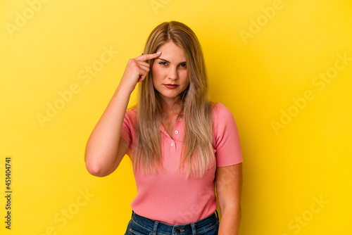 Young russian woman isolated on yellow background pointing temple with finger, thinking, focused on a task.