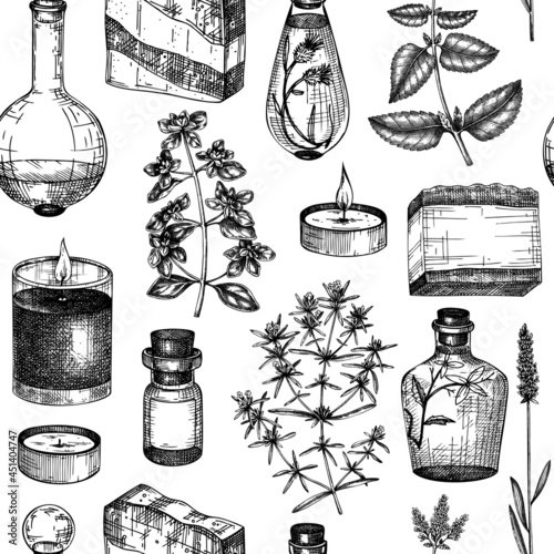 Provence seamless pattern. Hand-sketched aromatic and medicinal plants background. Perfect for cosmetics, perfumery, soap, candle making, label, packaging. Provence herbs backdrop.