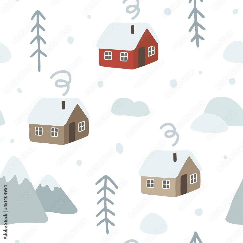 Scandinavian winter houses seamless pattern. Texture for fabric, textile, apparel, papper, wrapping.