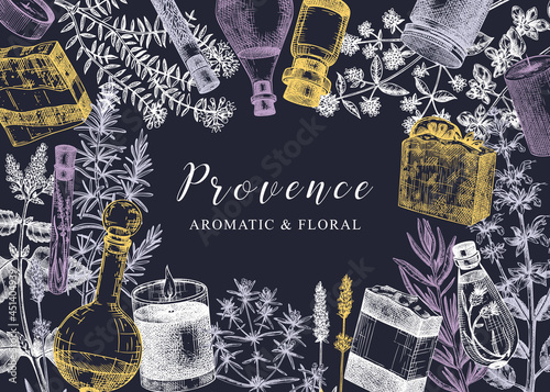 Provence herbs background on chalkboard. Hand-sketched aromatic and medicinal plants design. Perfect for cosmetics  perfumery  soap  candles making  label  packaging. Organic ingredients template