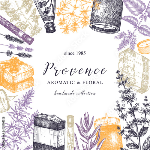 Provence herbs frame in color. Hand-sketched aromatic and medicinal plants design. Perfect for cosmetics, perfumery, soap, candle making, label, packaging. Summer card or invitation template