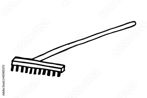 Sketch of a rake. Rakes with a long handle. Garden tools. Doodle illustration. Isolated on white background. Easy to change color.