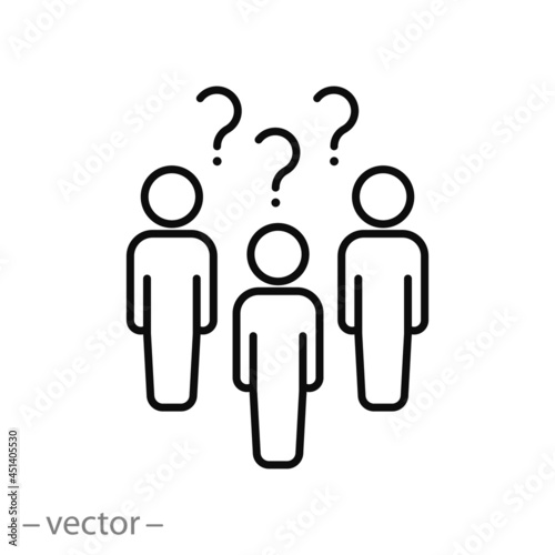 people think icon, doubt or unsure, group person with question, enquire, human lost and difficulty, challenge or riddle, man problem, editable stroke vector illustration eps10
