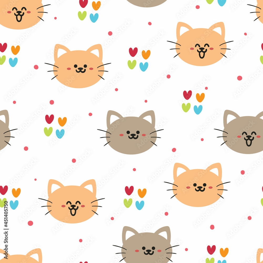 Seamless pattern with cute cartoon cat and heart for fabric print, textile, gift wrapping paper. colorful vector for textile, flat style Seamless pattern with cute cartoon cat and heart for fabric print, textile, gift wrapping paper. colorful vector for textile, flat style