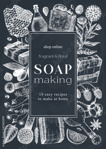 Soap making design on chalkboard. Hand-sketched soap ingredients and soap bars card template 