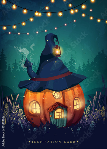 Cute fairy house made of pumpkin and witch hat. Autumn festive halloween illustration.