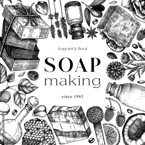 Vector soap card or invitation design. Hand-sketched organic ingredients for soap making.