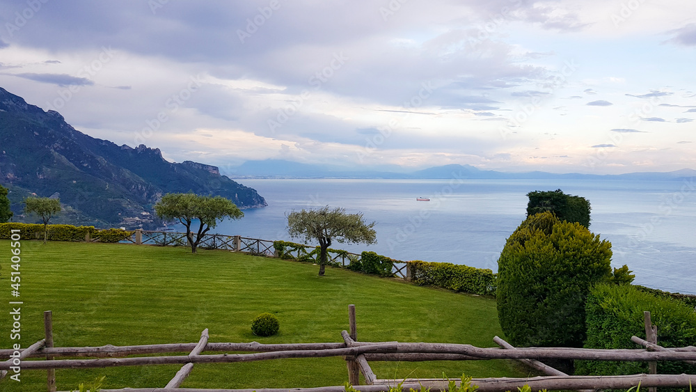 Beautiful view from the garden of Villa Cimbrone, Ravello  village, Amalfi coast of Italy
