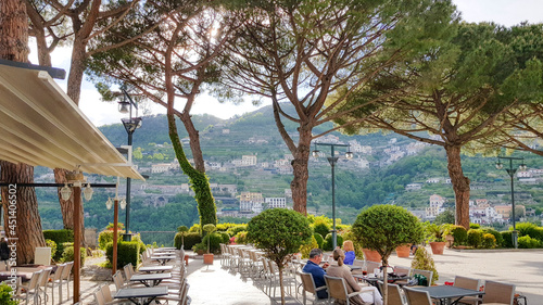 Beautiful view from the entrance to Villa Cimbrone, Ravello village, Amalfi coast of Italy