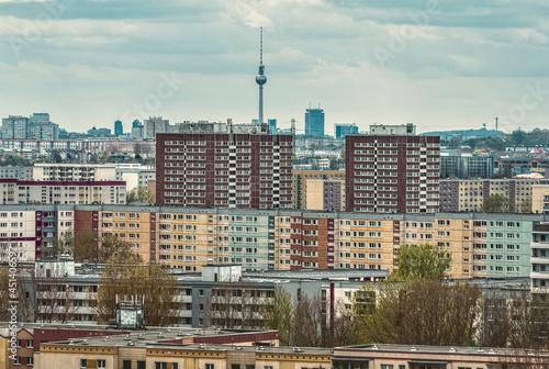 Sea of houses, section of a housing estate in Berlin-Marzahn with tv tower