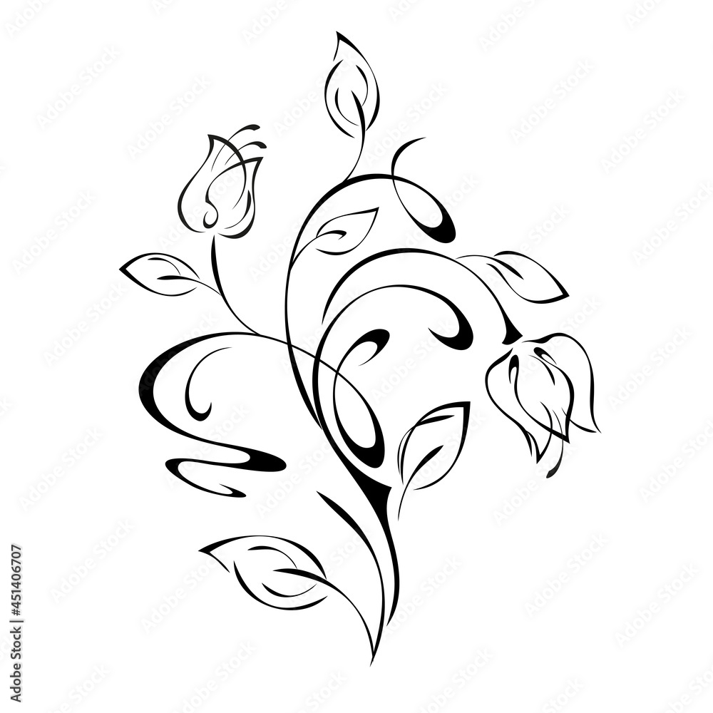 Obraz premium ornament 1928. decorative element with stylized flower buds on stems with leaves and curls in black lines on a white background