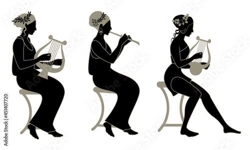 Three old Greek style musician girls, playing lyre, cithara and flute isolated on white background. Greek muses,